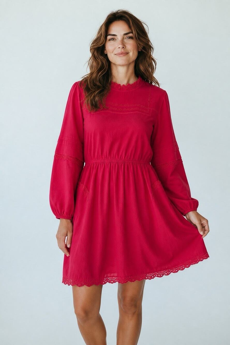 Damson Madder Clancy Léa Women's Red Mini Dress Lace Size L Cotton Feminine
